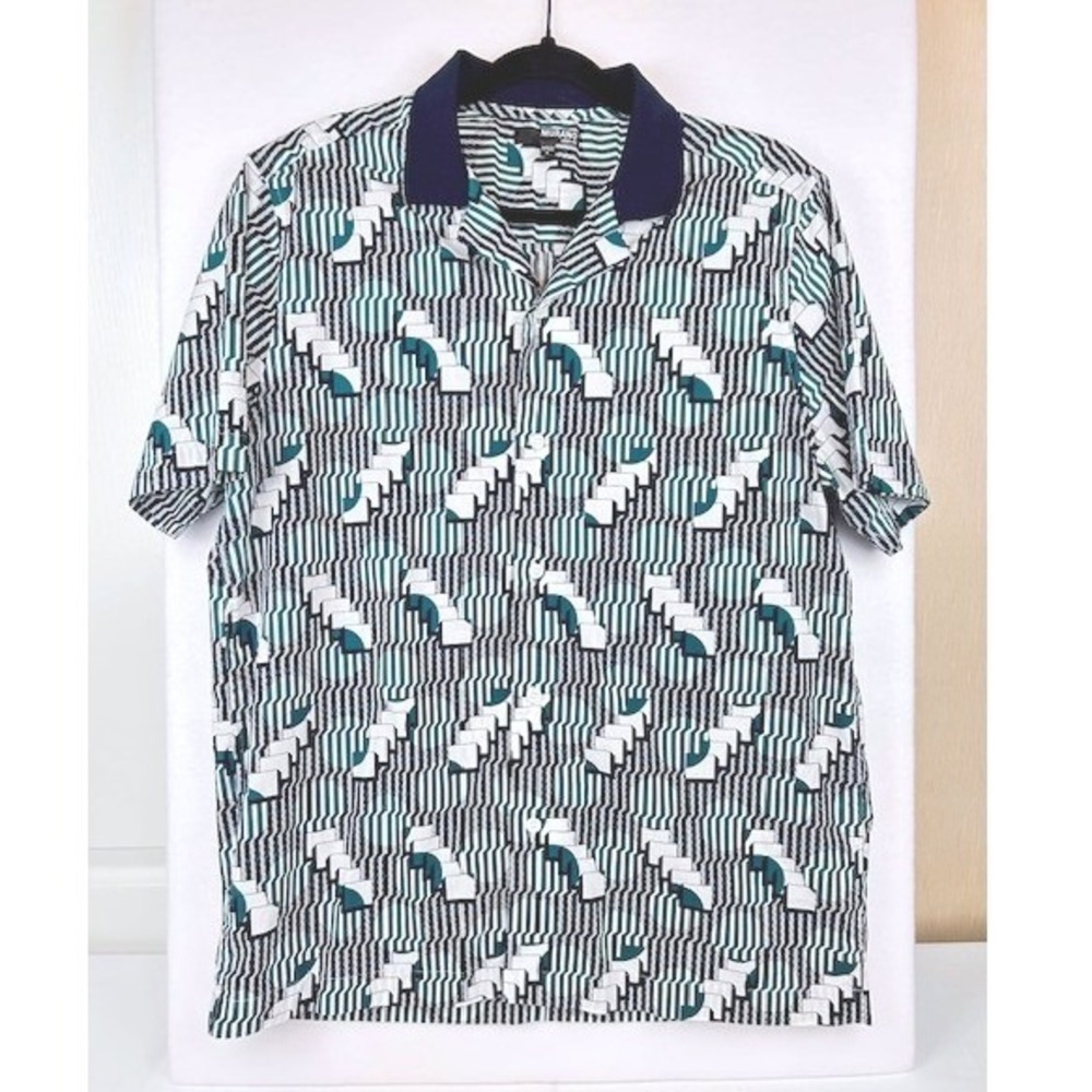 Murano Slim Fit Geometric Print Shirt Mens Large Teal Navy White Cotton